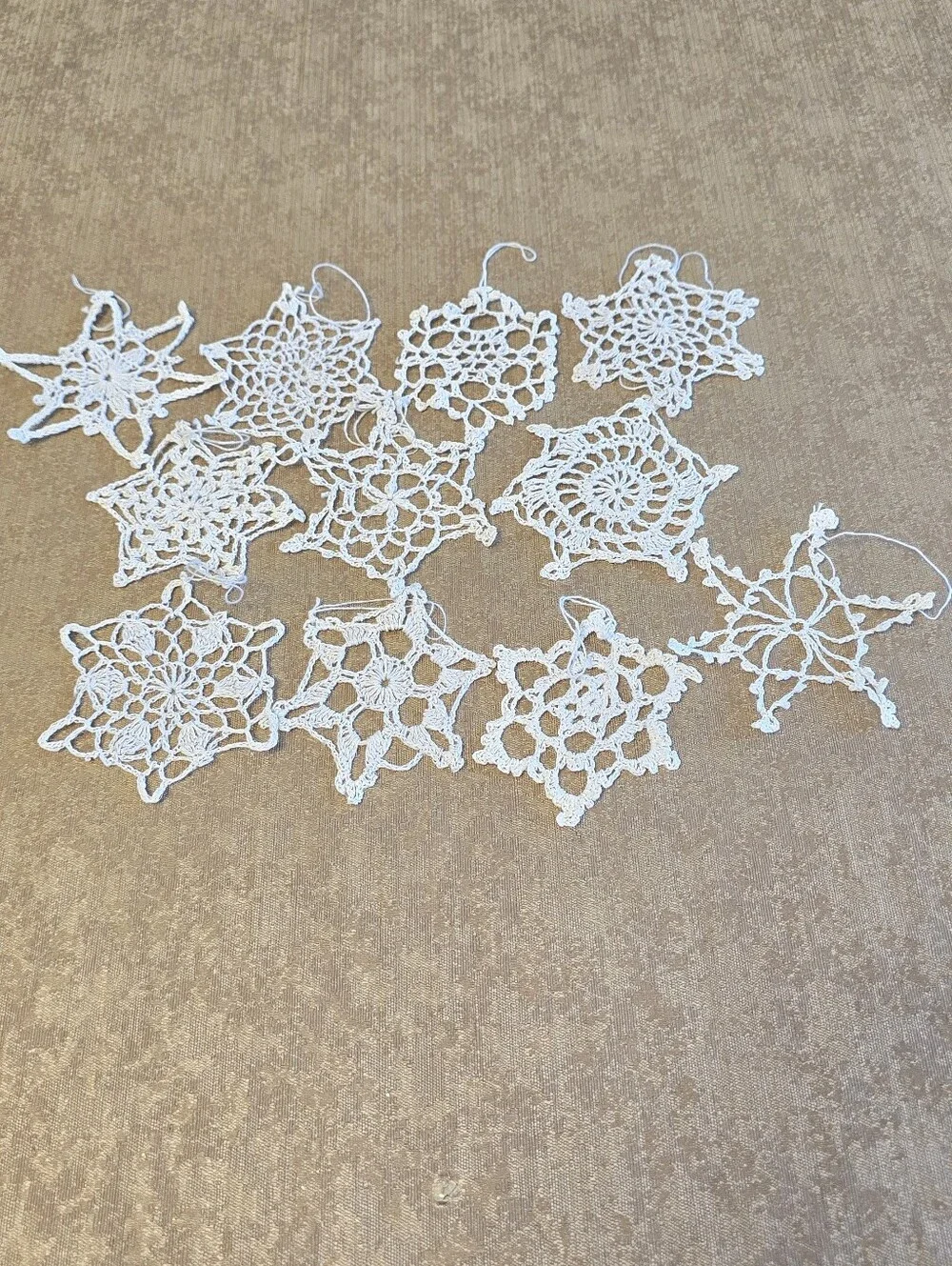 Vintage Lot Of 11 White Crochet Starched Snowflake Christmas Doily Ornaments